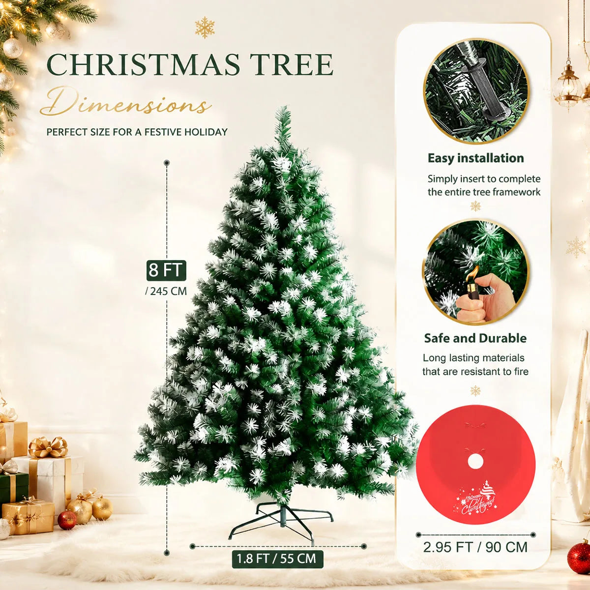 8FT Snow Flocked Artificial Christmas Tree, Unlit Frosted Pine Tree with Foldable Metal Base, PVC Fireproof Xmas Tree for Indoor Home Commercial Holiday Decoration