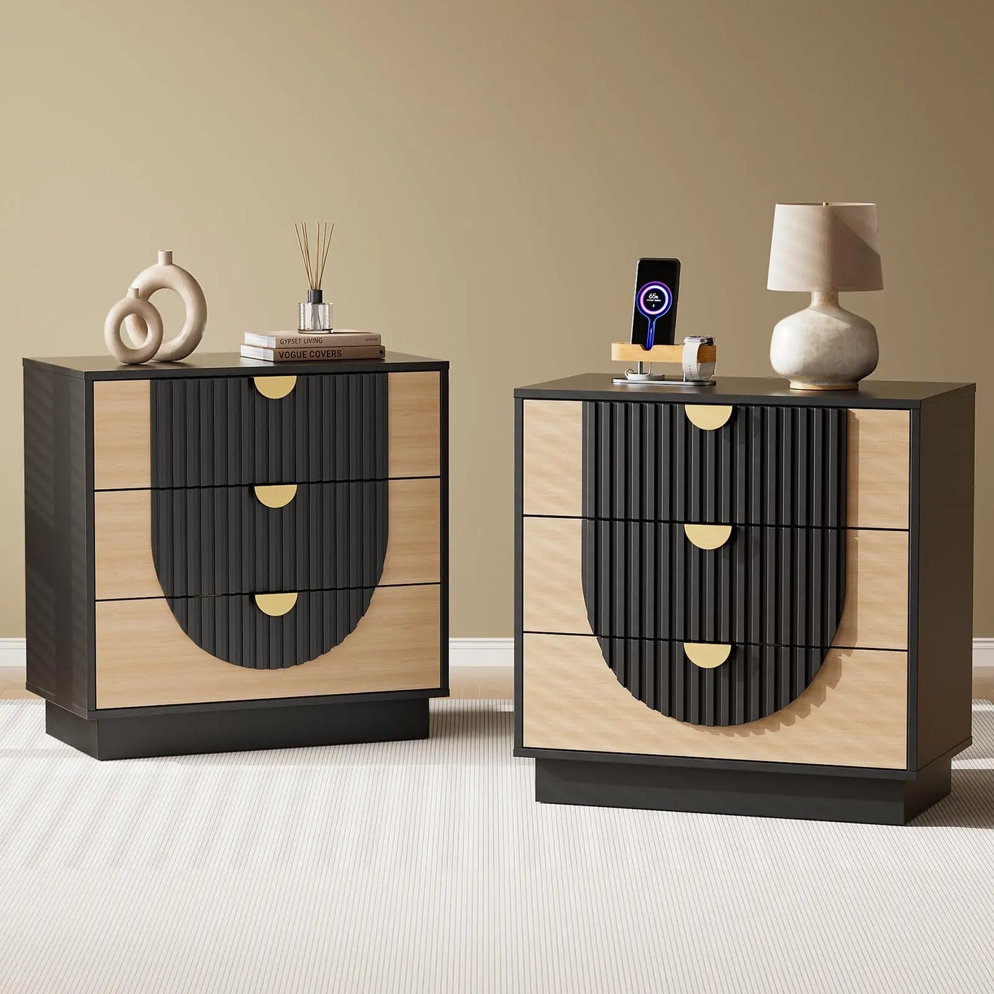 3 Drawer Nightstand With Charging Station Wood Bedside Table