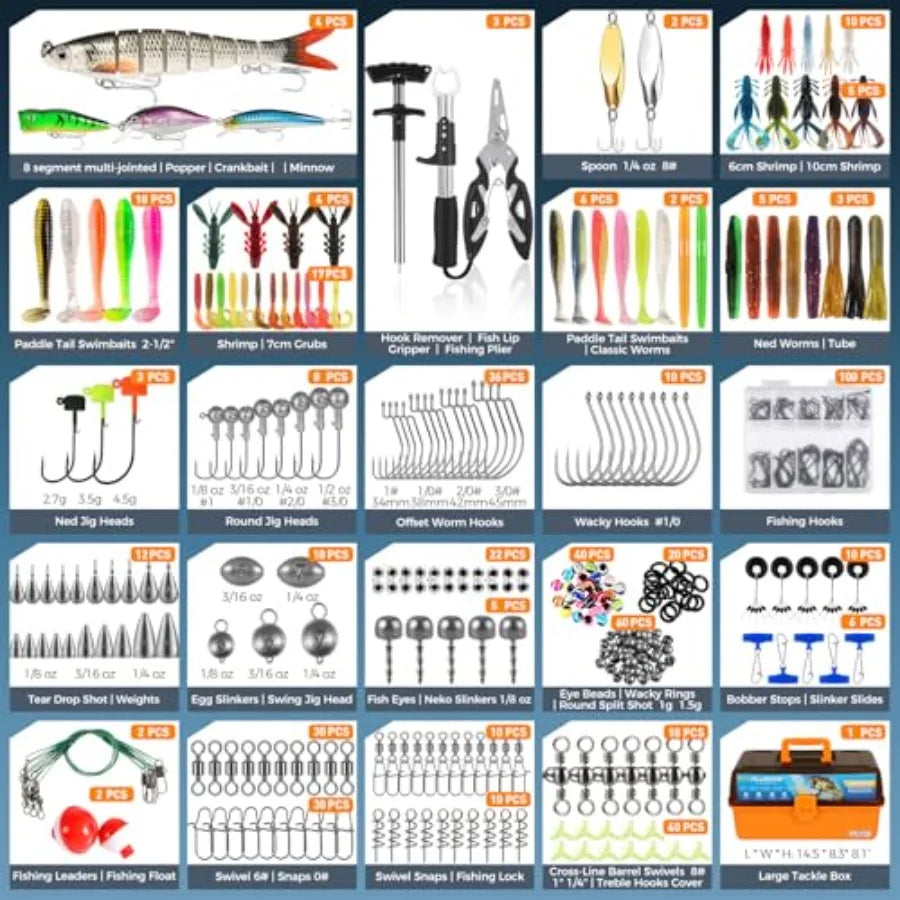 Freshwater bass fishing tackle box: 4-layer plastic storage in black, includes 547pcs lures, pliers, crankbait, hooks, weightsd