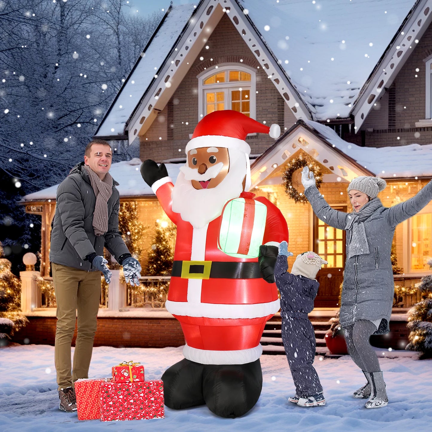 7FT Lighted Christmas Inflatable Black Santa Claus with Gift Box, Built-in LED Lights Blow Up Yard Decor for Outdoor Lawn Garden Holiday Party Decoration
