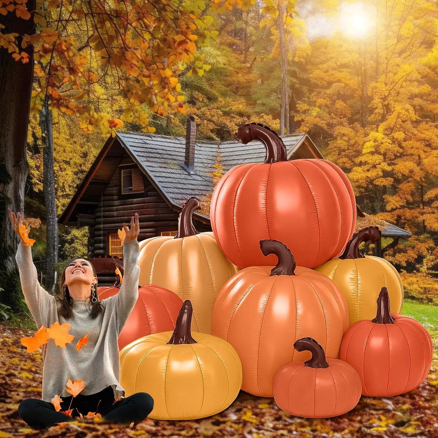 6 ft Tall Fall Thanksgiving Pumpkin Inflatable Decorations with Build-in LEDs Fall Harvest Stacked Pumpkin Blow up Outdoor Infla