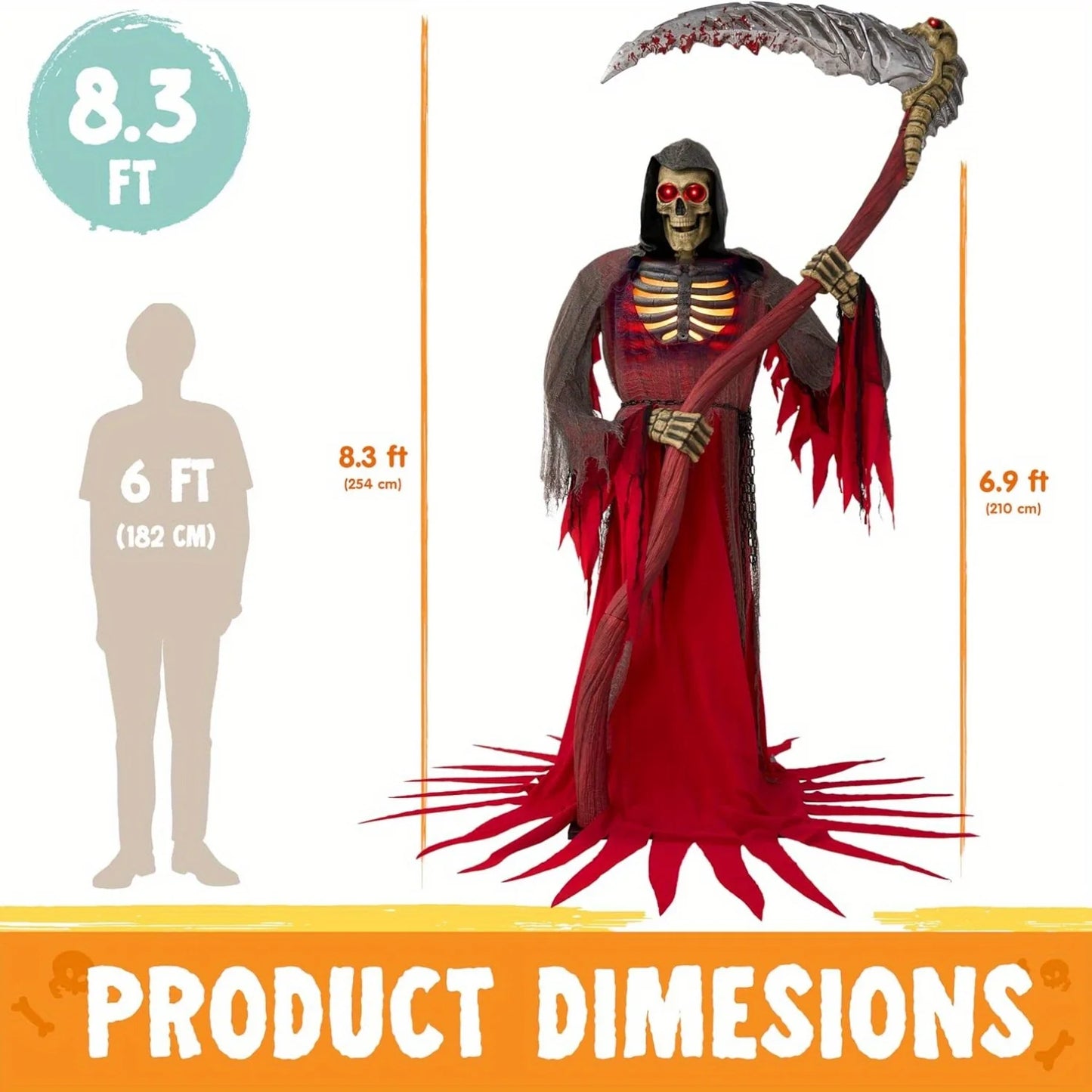 7Ft Animatronics Grim Reaper Halloween Decor Outdoor Animated Standing Skeleton Holding Giant Scythe with Light and Infrared Sensor Scary Ghost Decor for Indoor Lawn Haunted House