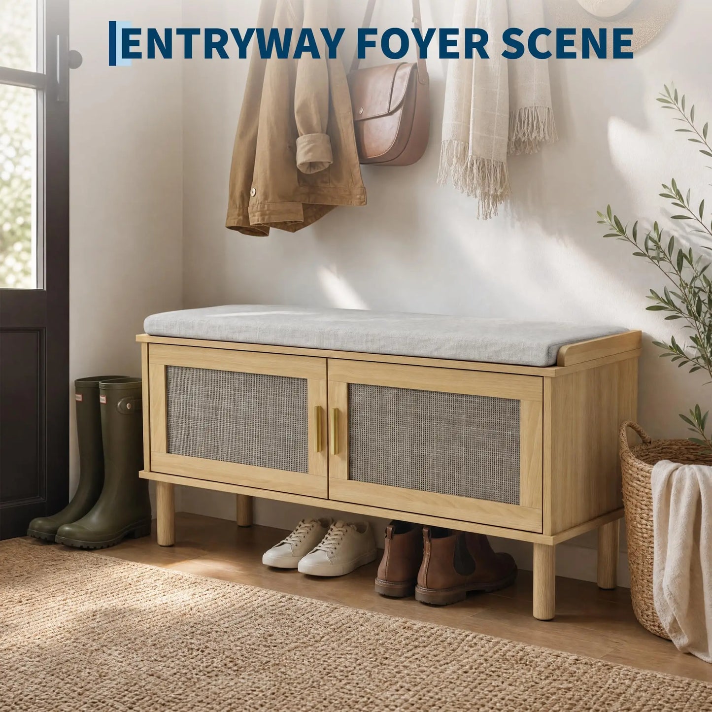 Rattan Shoe Storage Bench With Cushion, Adjustable Shelf Entryway Shoe Cabinet, Hidden Storage Organizer With Gold Handles For Hallway