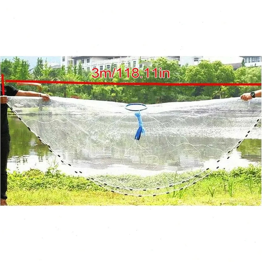 Fishing Cast Net, 10ft Diameter 3m, Anti-Tangle Mesh, Steel Sinkers for Fast Sinking, Seal Bottom Design, Ready to Use, Efficient Fish Catching Tool