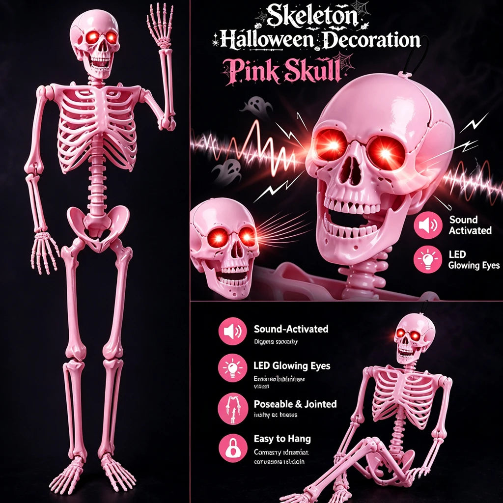 Sound Activated 5.6FT Pink Full Body Posable Skeleton with Glowing Red LED Eyes, Creepy Ghost Voice Halloween Skull Decoration, Movable Joint Plastic Bones for Yard, Haunted House, Cemetery & Spooky Party Indoor Outdoor Decor