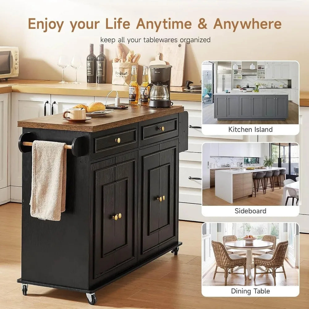 Mobile Kitchen Island With Power Outlet Spice Rack Towel Bar Storage