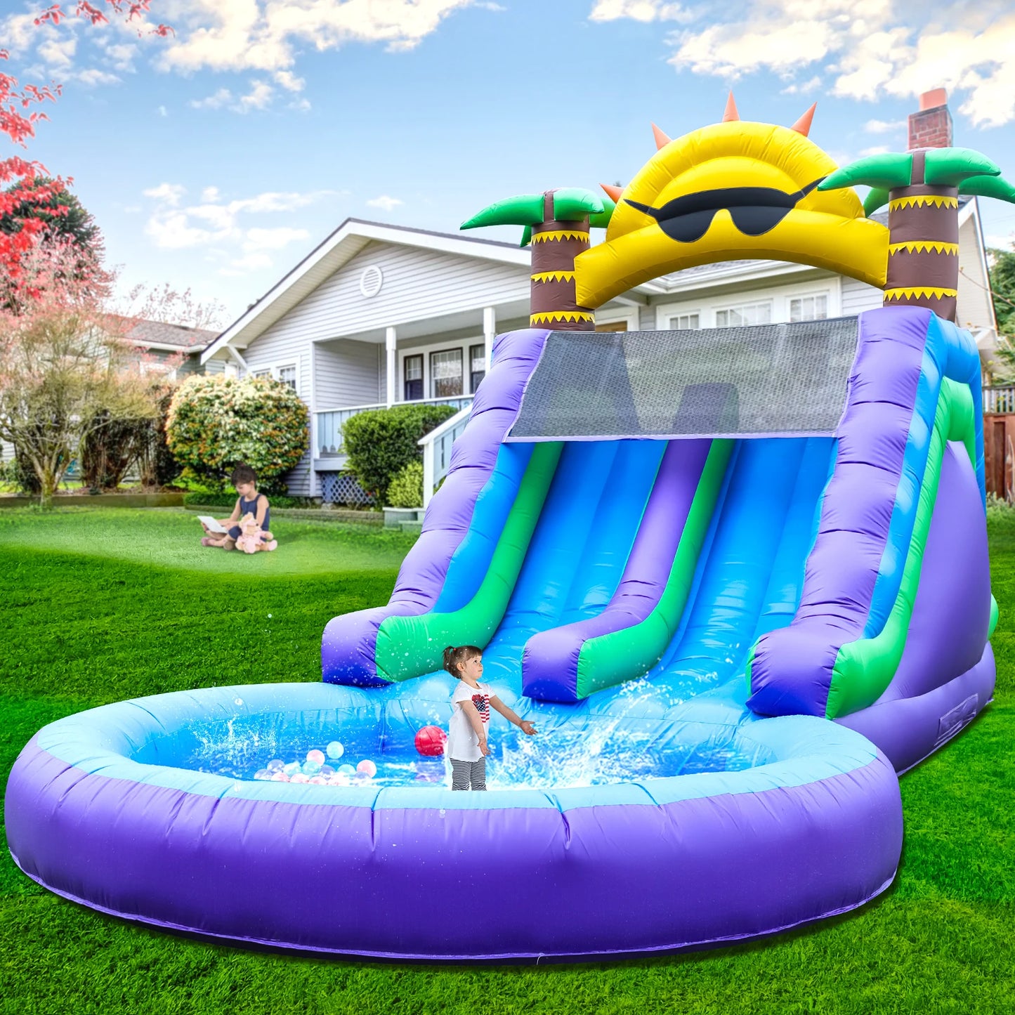 King Inflatable Summer Outdoor Sildes Air Bounce Water amusement Play Equipment Inflatble Water Double Slide Bubble Ball Pit
