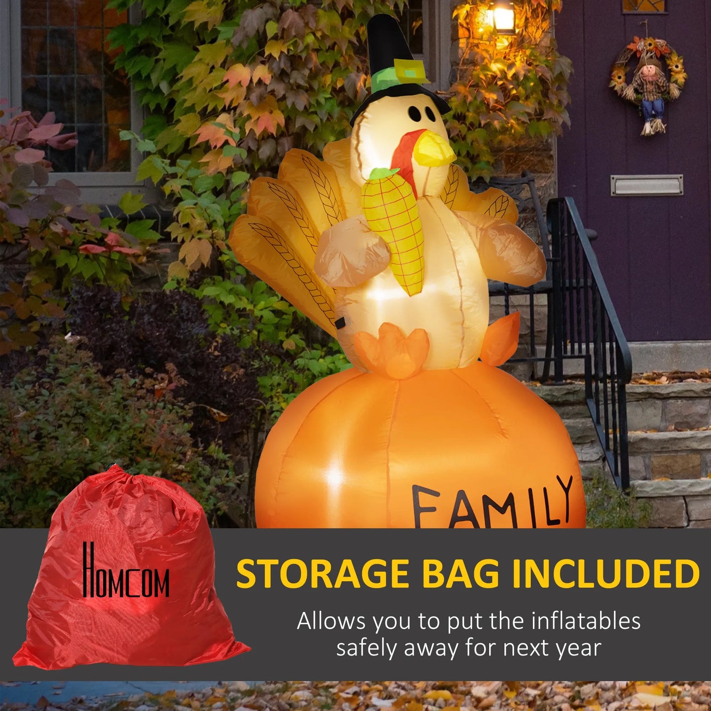 4.9ft Inflatable Thanksgiving Decoration Turkey, Blow Up Outdoor LED Yard Display, Waterproof