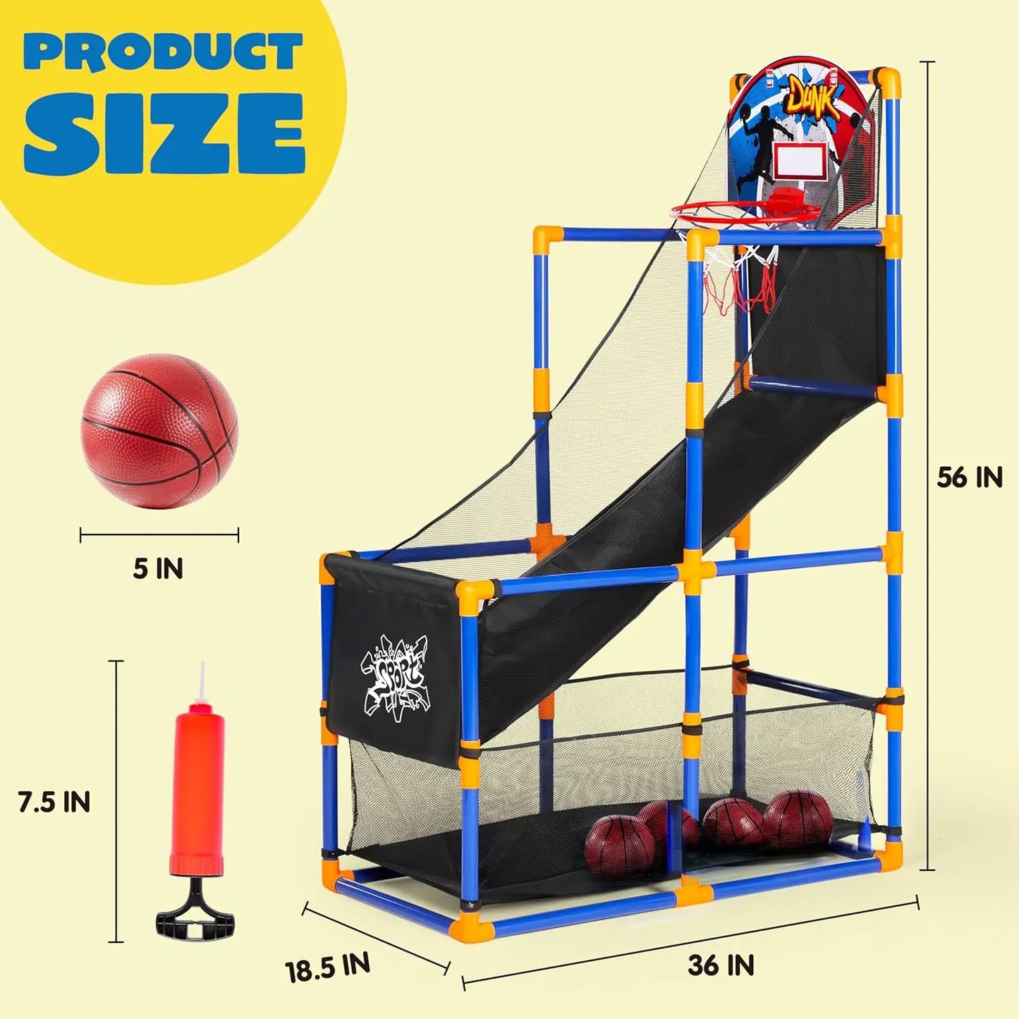 Joyfy Kids Arcade Basketball Game Set With 4 Balls And Hoop Indoor Outdoor Play