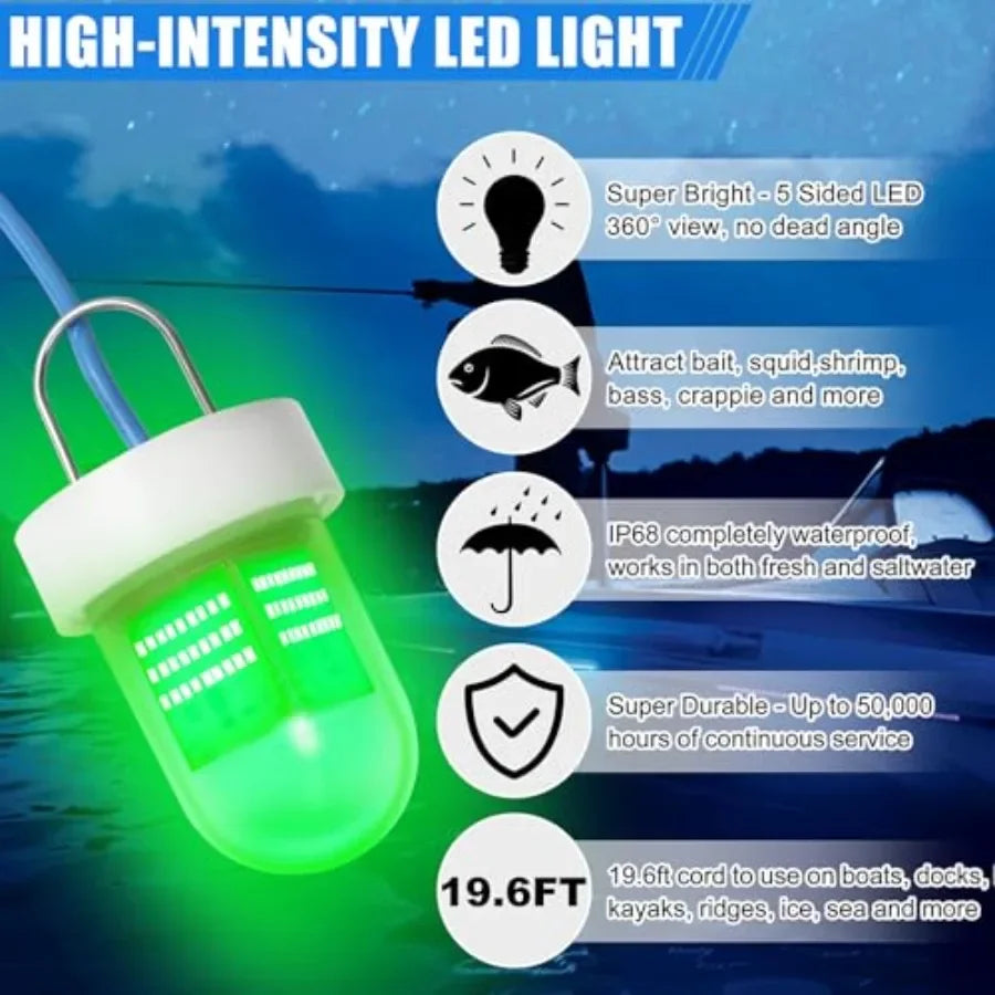 Underwater Green Fishing Light for Night Fishing on Docks and Boats, LED Submersible Lamp, 40000 Lumens, 80W, 12V, Green Color,