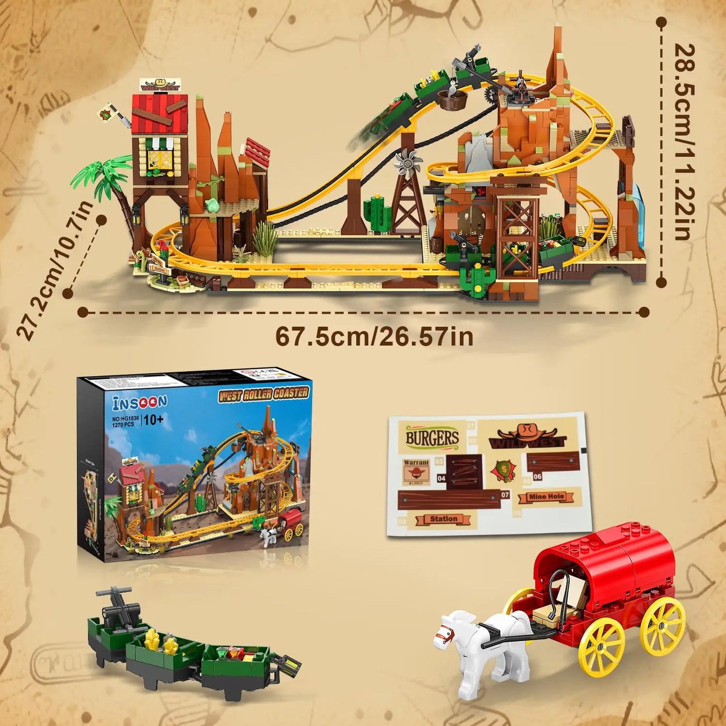 HOGOKIDS Western Roller Coaster Building Set Mine Train Playset