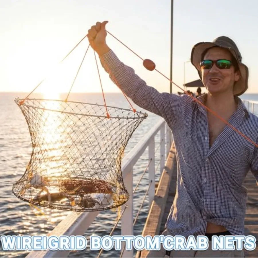 Crabbing dock pier kit: foldable 24-inch two-ring hoop net traps with rope, bait bag, clip, ruler, buoy, line, wire meshdurable
