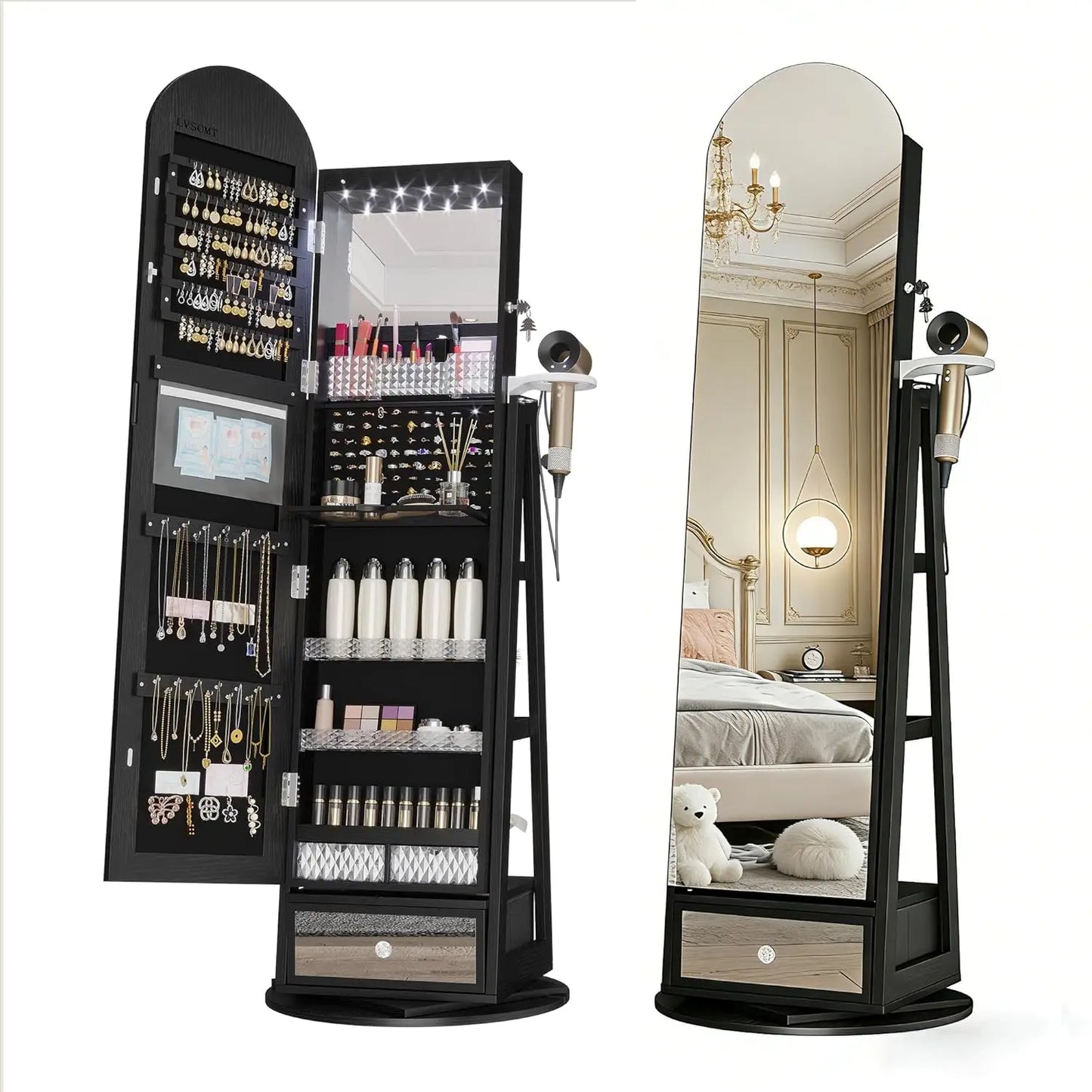 MOYU 360 Degree Swivel Arched Jewelry Mirror Cabinet with LED