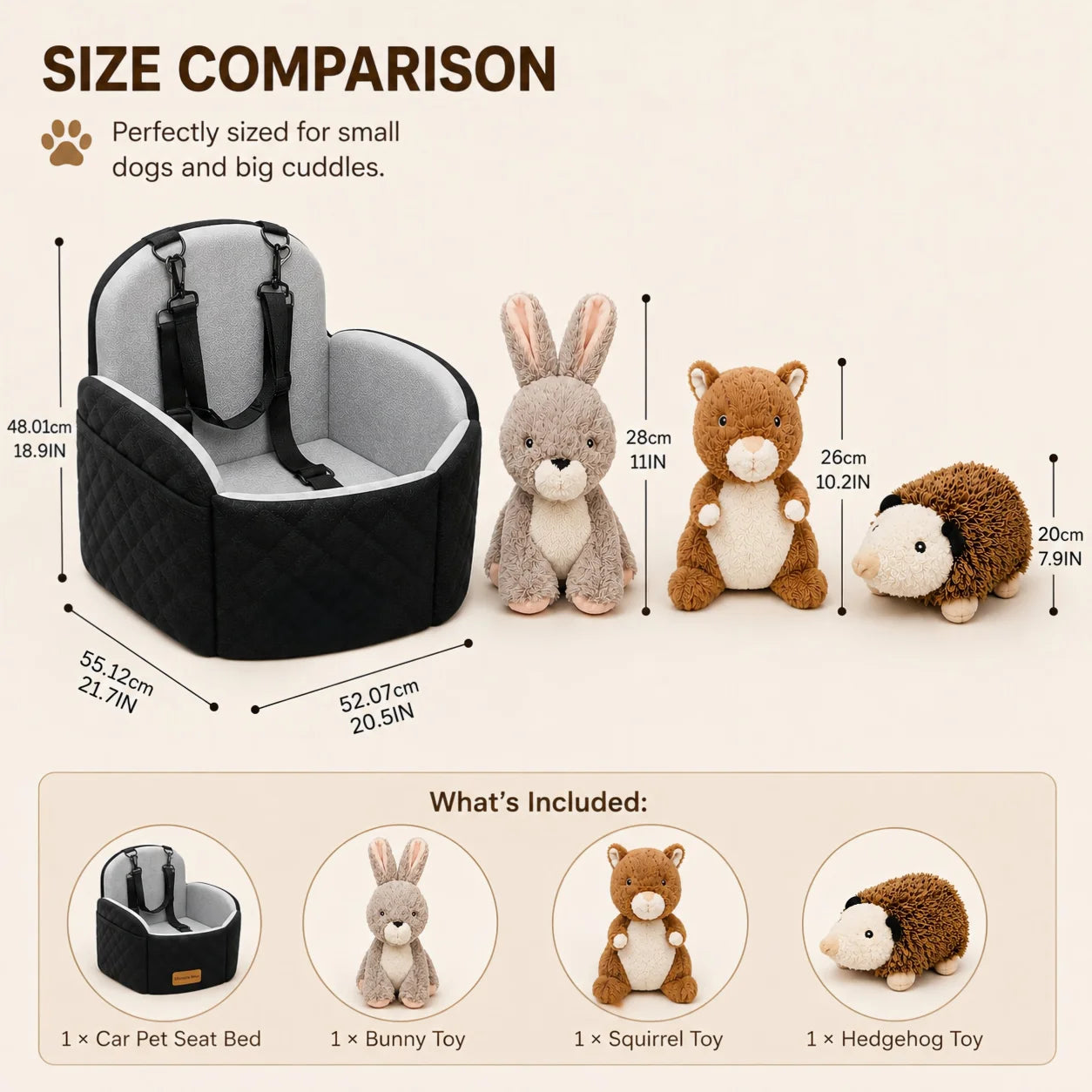 Compact Dog Car Seat Bed With Washable Cushion Travel Straps