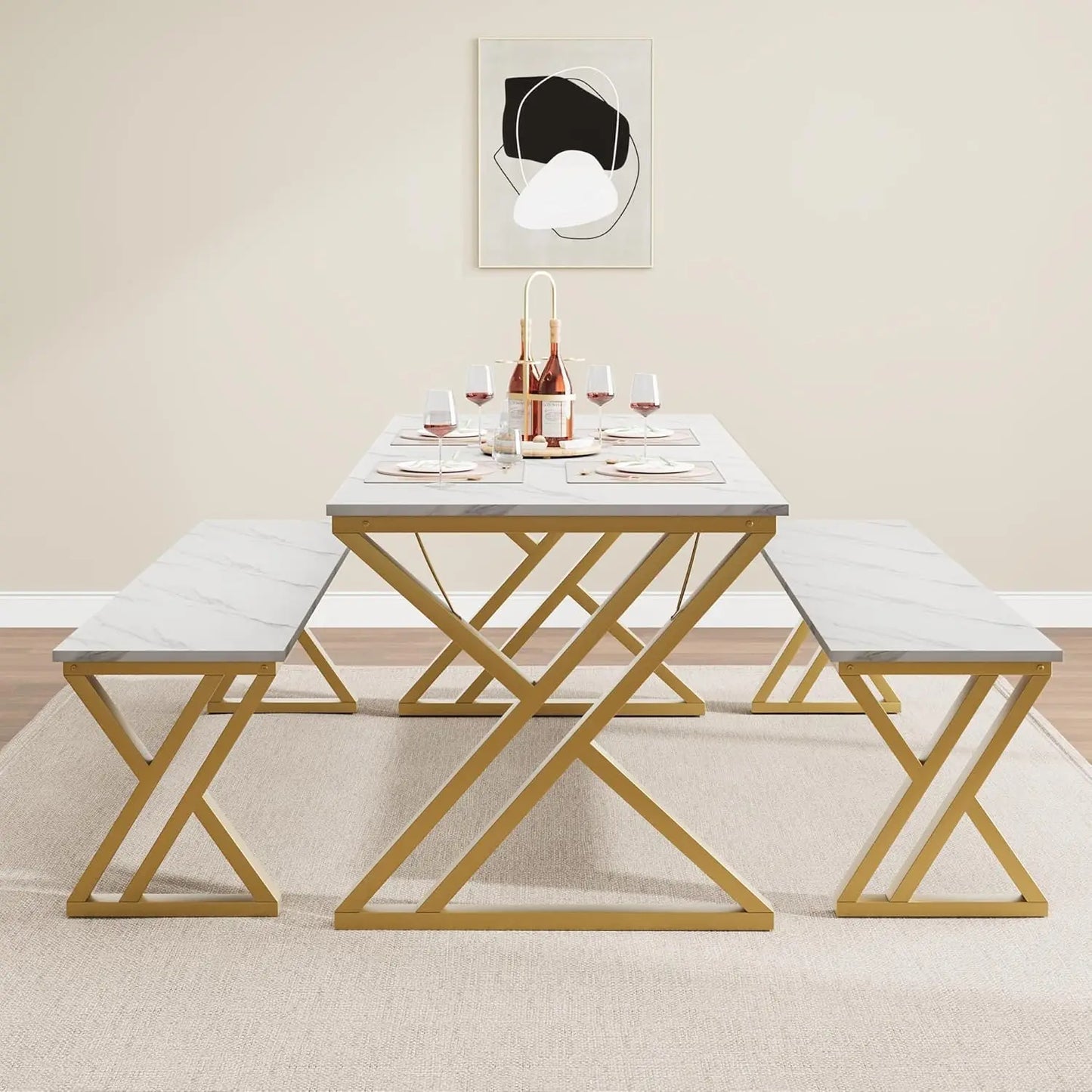 HobbyLane 4 Person Dining Table Set With Benches Metal Frame
