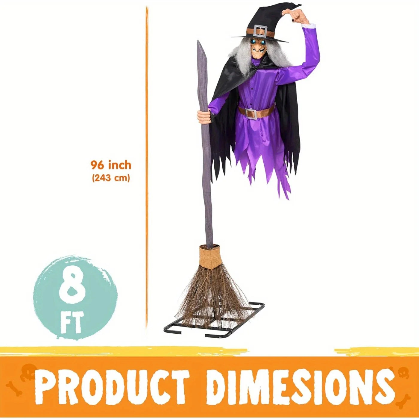 8FT Tall Animated Flying Witch Halloween Decorations Outdoor Floating Witch on Broom Animatronics Hovering Witch Decor with Light Eyes and Spooky Voice, Scary Haunted House Prop for Outside Yard Lawn
