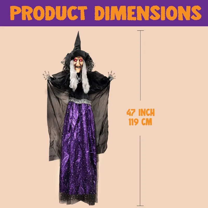 47'' Tall Animated Witch Halloween Decorations Outdoor Indoor Scary Halloween Animatronics Decor, Hanging Ghost Talking Sound Activated Led Lights Eyes Haunted House Yard Garden Lawn