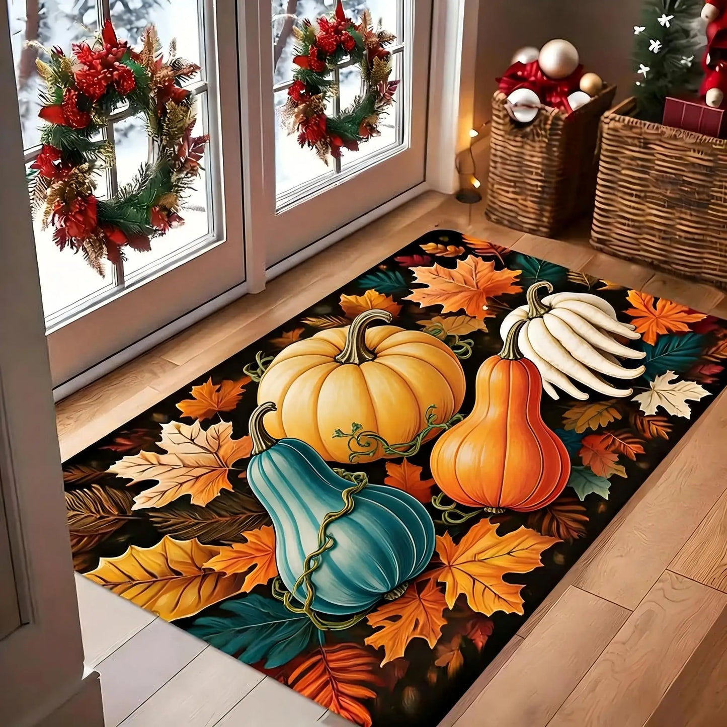 1pc Autumn Harvest Pumpkin And Leaf Pattern Doormat - a Vibrant Fall Decoration Featuring Orange, Yellow, And Pumpkins, Made of Machine-Washable Polyester Material, Perfect for Thanksgiving And Christmas Family Entryway Welco