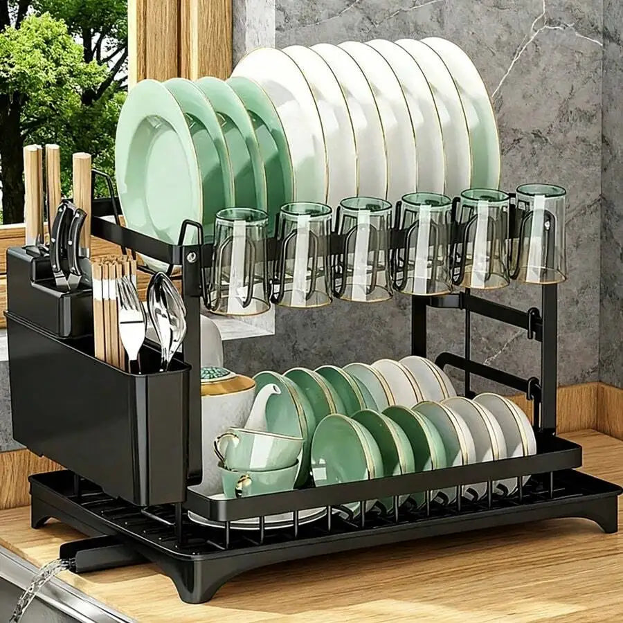 Stainless Steel Two Tier Dish Drying Rack With Auto Drainage