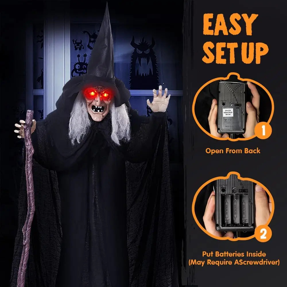 72" Animatronics Witch Outdoor Halloween Decorations with Cane Life Size Animated Ghost Haunted House Prop Décor with Creepy Sound and Light-up Eyes, Party Supplies