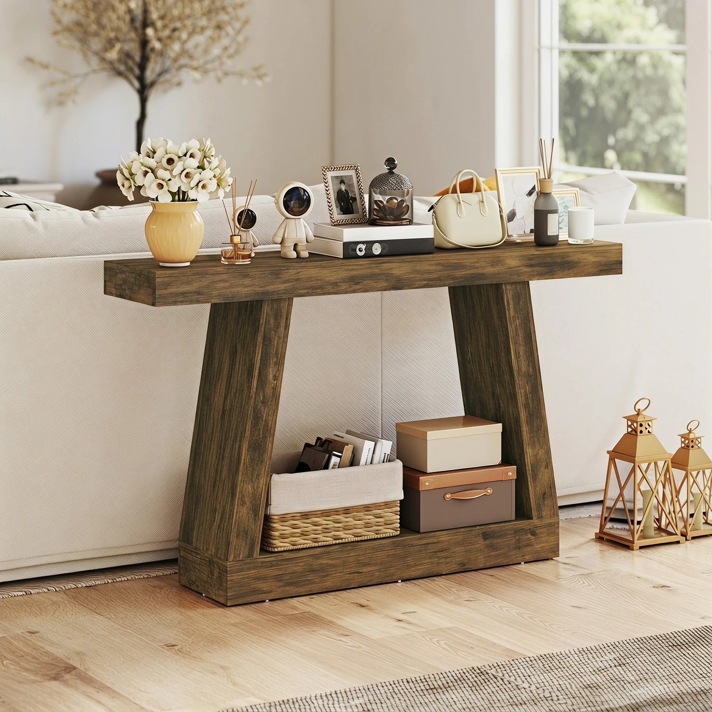 55.1" Narrow Entryway Table, 2-Tier Farmhouse Console Table with Thickened Tabletop, Storage Shelf and Trapezoidal Base for Behind Couch Sofa, Living Room, Hallway, Entrance, Rustic Brown