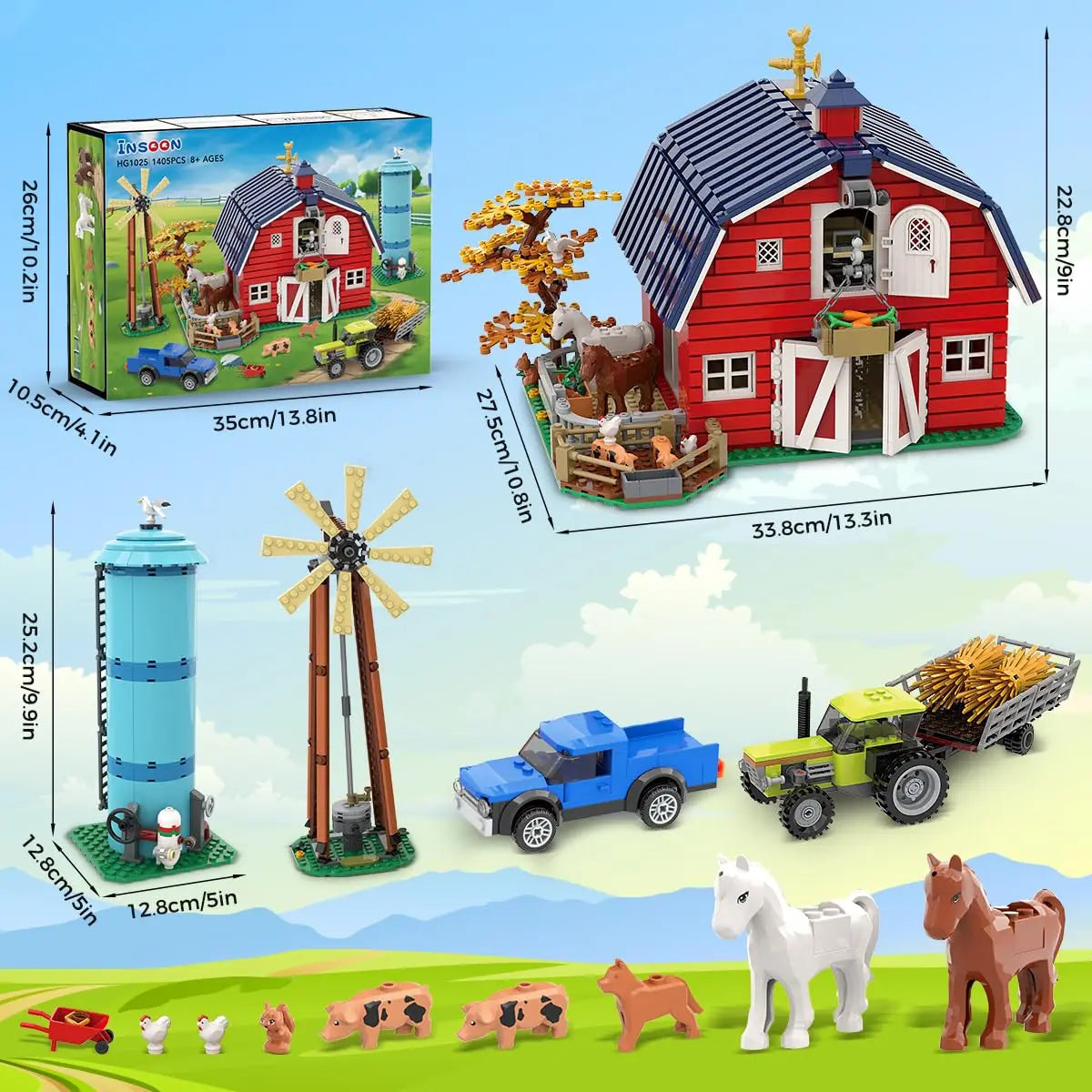 HOGOKIDS Farm Barn Building Set With Windmill Light And Animals