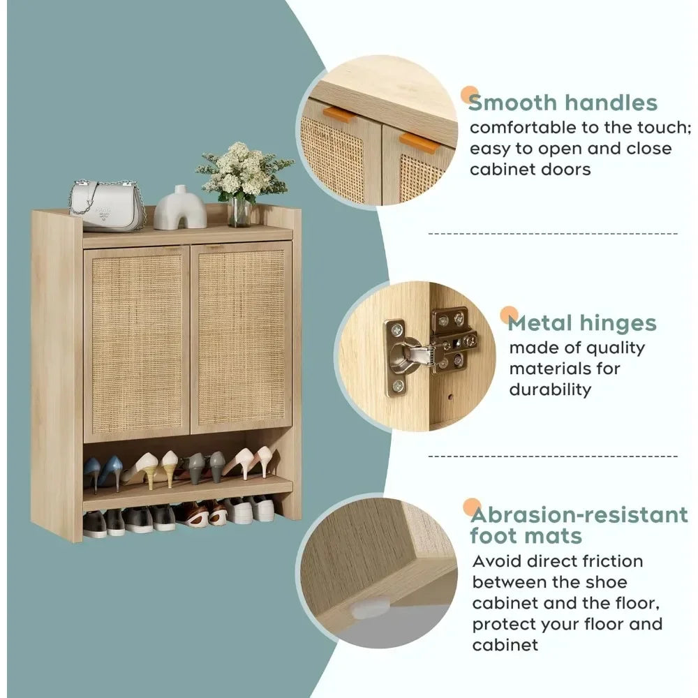 Natural Rattan Shoe Cabinet With Adjustable Shelves Boho Style Storage