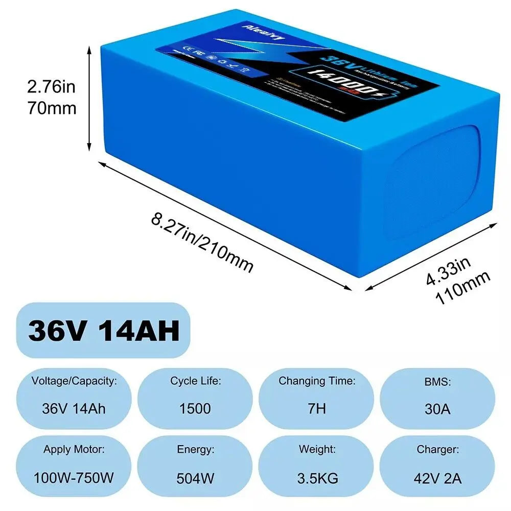 Aleaivy 36V 48V Li Ion Ebike Battery Pack 10Ah 14Ah 20Ah With Charger