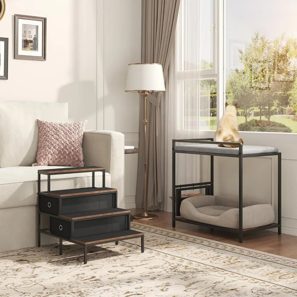 360 Degree Rotating Adjustable Pet Feeder Perch With Storage Drawers