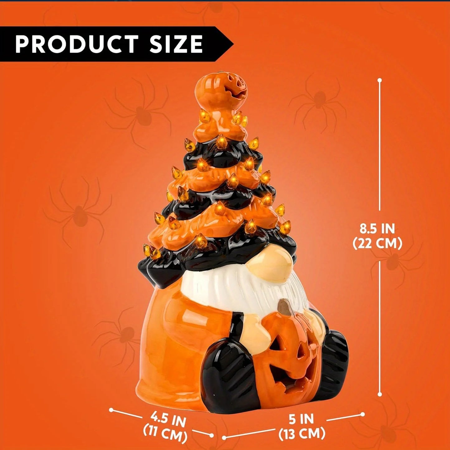 8.5 inch Tall Halloween Decoration Pumpkin Gnome Ceramic Tree with Build-in LEDs Tabletop Decor for Halloween Indoor Party Supplies Decoration, Battery Operated, Home Party Decors