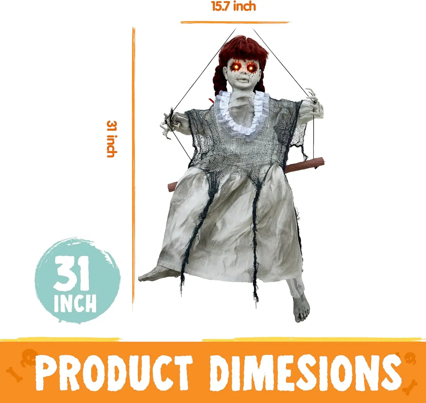 Hanging Scary Swing Girl Halloween Decorations Outdoor Halloween Decorations Winging White Doll with Creepy Sound and Light Up Eyes Sound, Animatronics Hanging Decors Activated