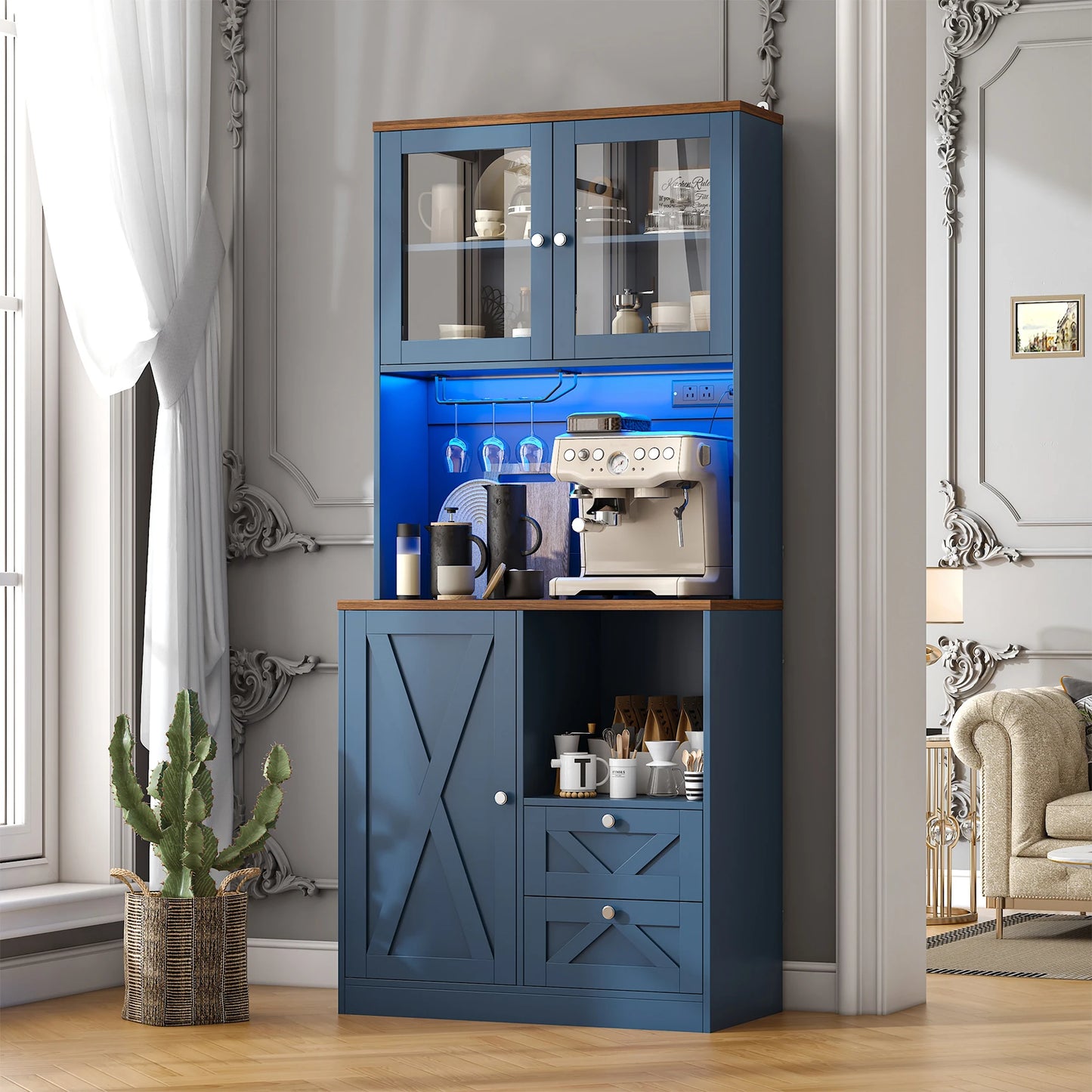 BIGBIGLIFE Kitchen Pantry Cabinet With LED Lights And Microwave Stand