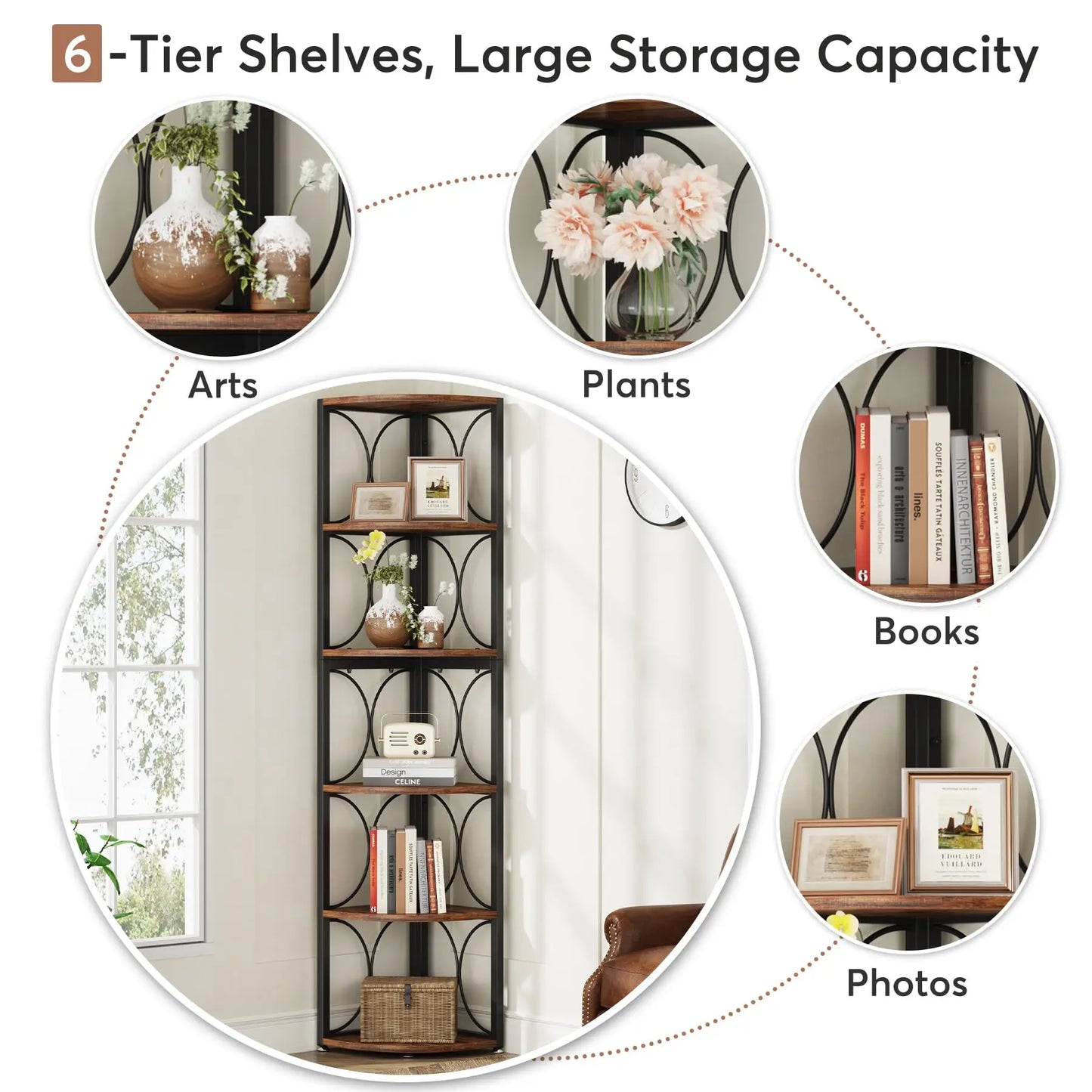 Tribesigns 67 inch Tall Corner Shelf, 6 Tier Rustic Corner Bookshelf Bookcase Storage Rack Standing Shelving Unit