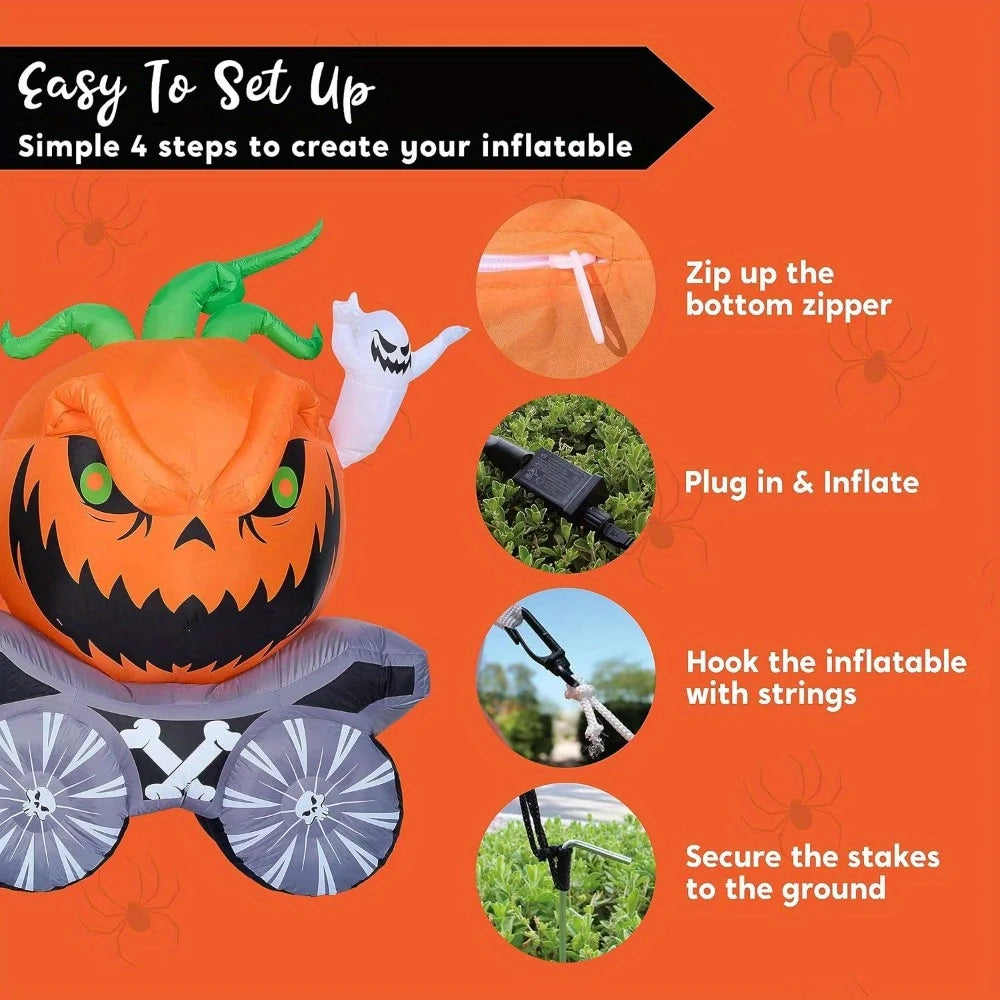 8 Ft Long Halloween Inflatables Pumpkin Carriage Outdoor Decorations Blow Up Pumpkin Carriage with Build-in LEDs Blow Up for Yard, Halloween Inflatables Party Decoration Outside Garden Lawn