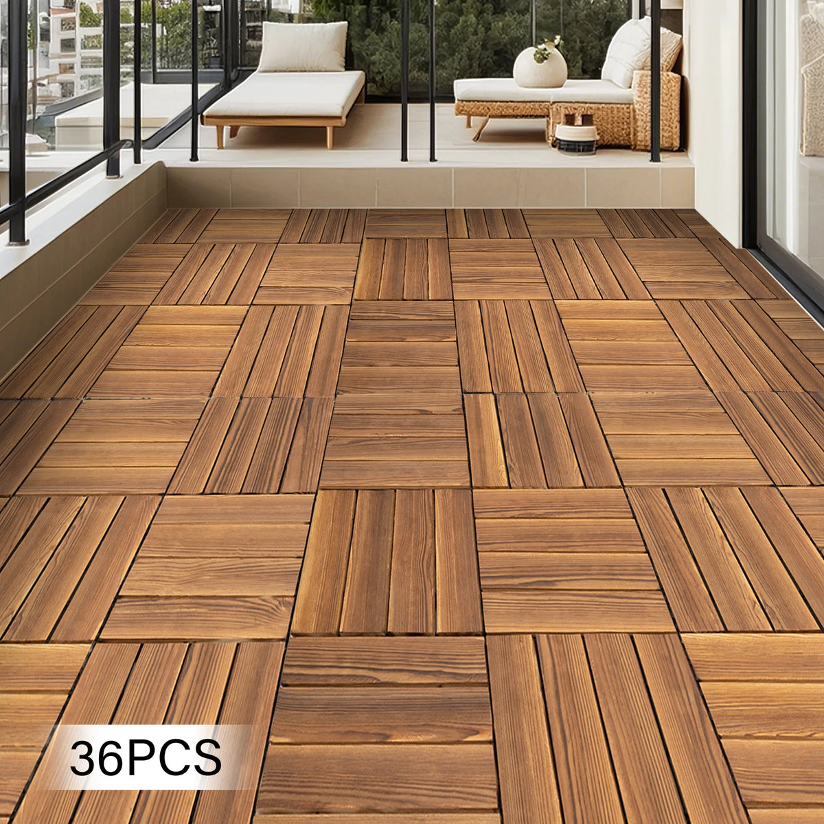 Bymaocar Interlocking Solid Larch Wood Deck Tiles for Outdoor Patio