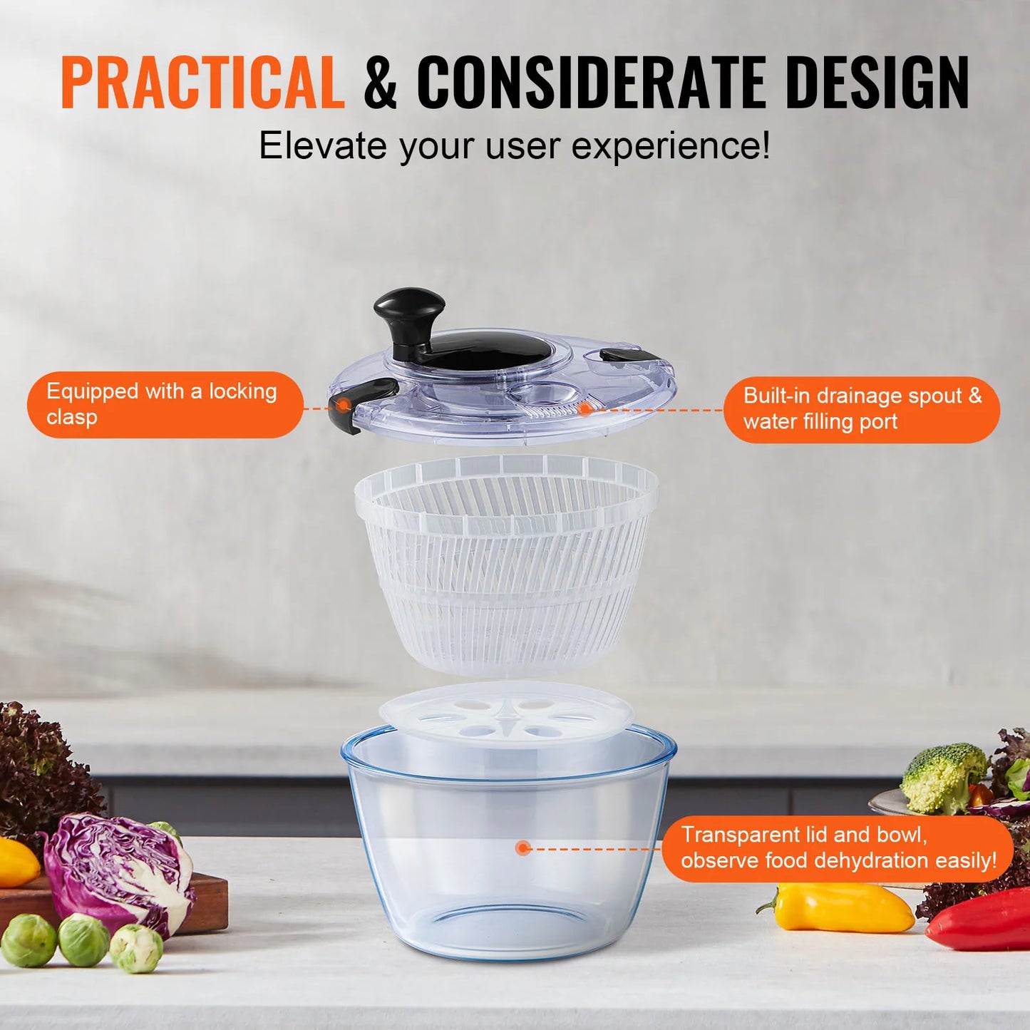 VEVOR Glass Salad Spinner One-Handed Easy Press Kitchen