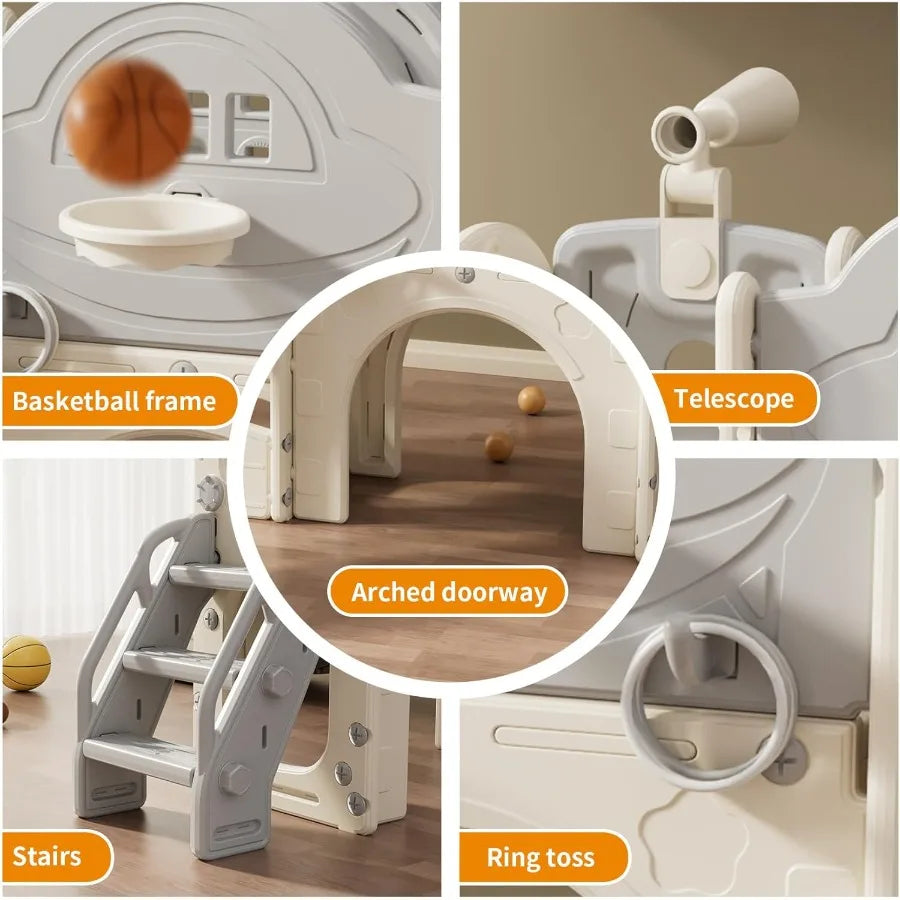 Playground Toddler Slide Playset with Climber Basketball Hoop Tunnel Ring Toss Game and Storage Space White Grey Outdoor Indoor