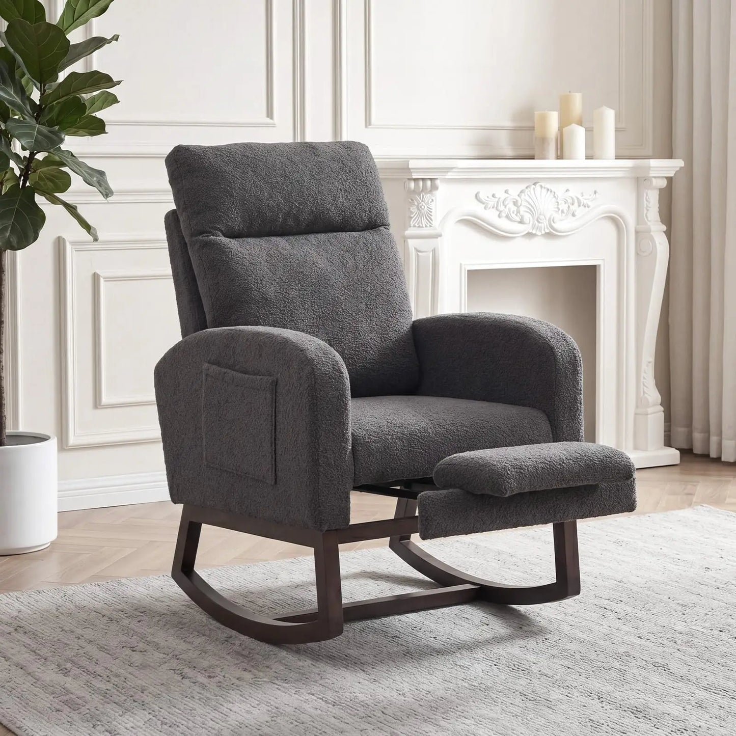 Modern Nursery Rocking Chair, Teddy Upholstered Rocking Chair with Footrest, Comfortable Rocker Recliner with Side Pocket, Rocker Glider for Living Room, Bedroom, Nursing Room