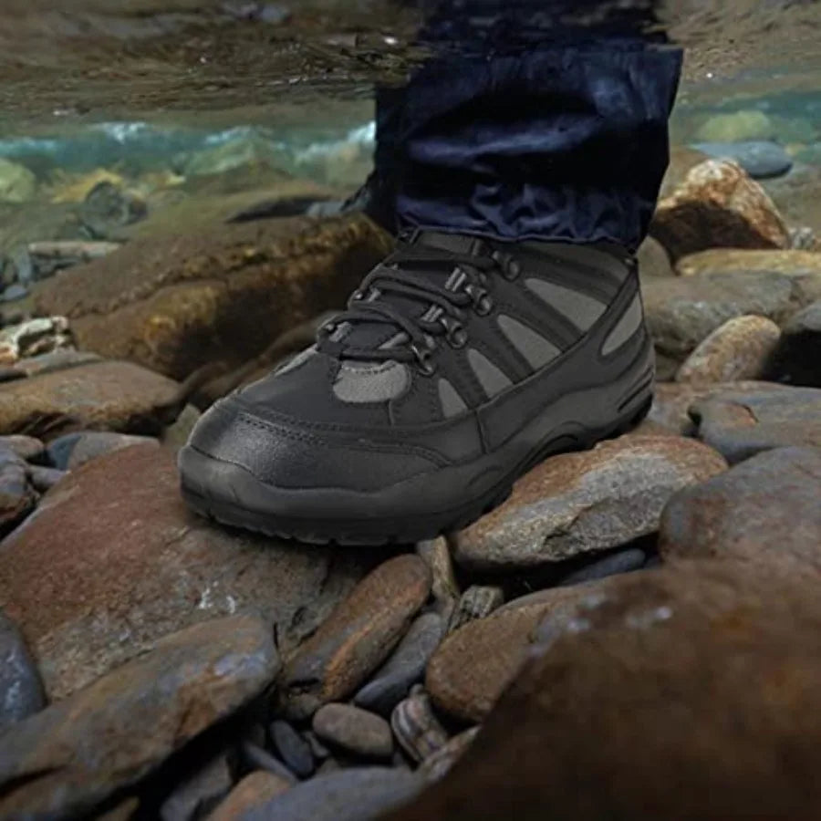 Fishing wading boots for men and women: rubber sole anti-slip, rotating buckle lacing system, black, durable waterproof neopren
