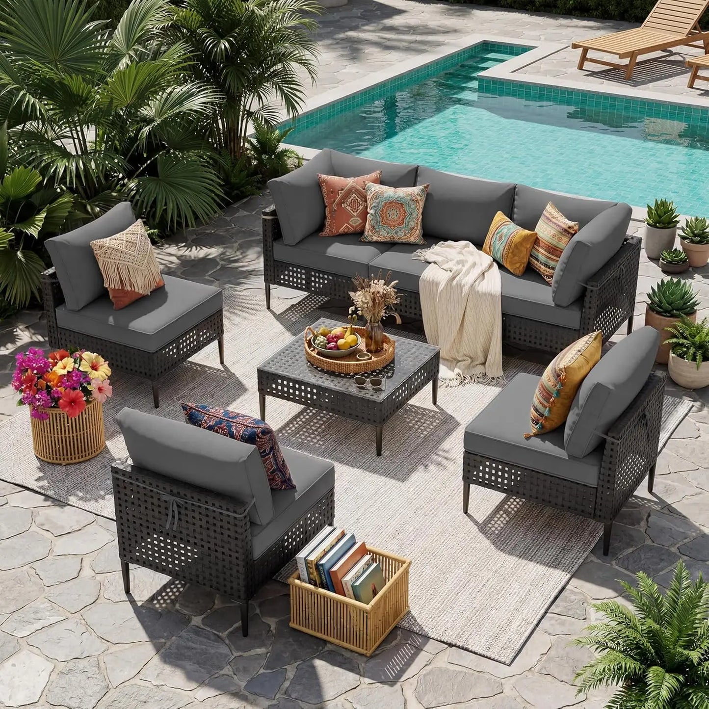 Wicker Patio Furniture Set Modular Outdoor Sectional With Glass Table