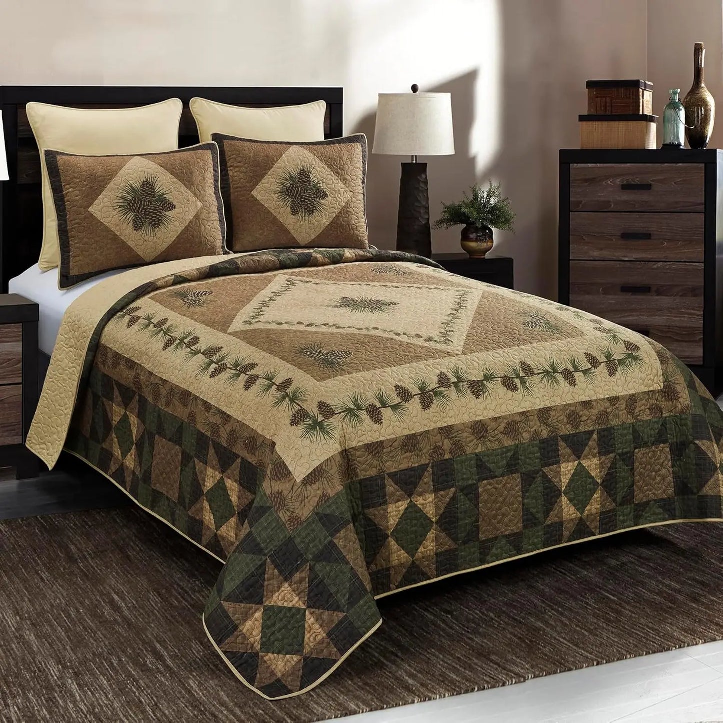 Polyester Bedding Set 4 Piece Lodge Quilt With Two Shams