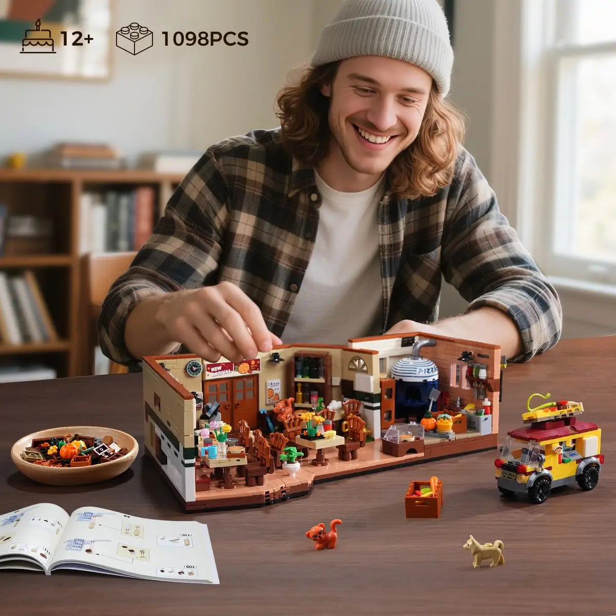 HOGOKIDS City Street Pizza Restaurant Building Set With LED House