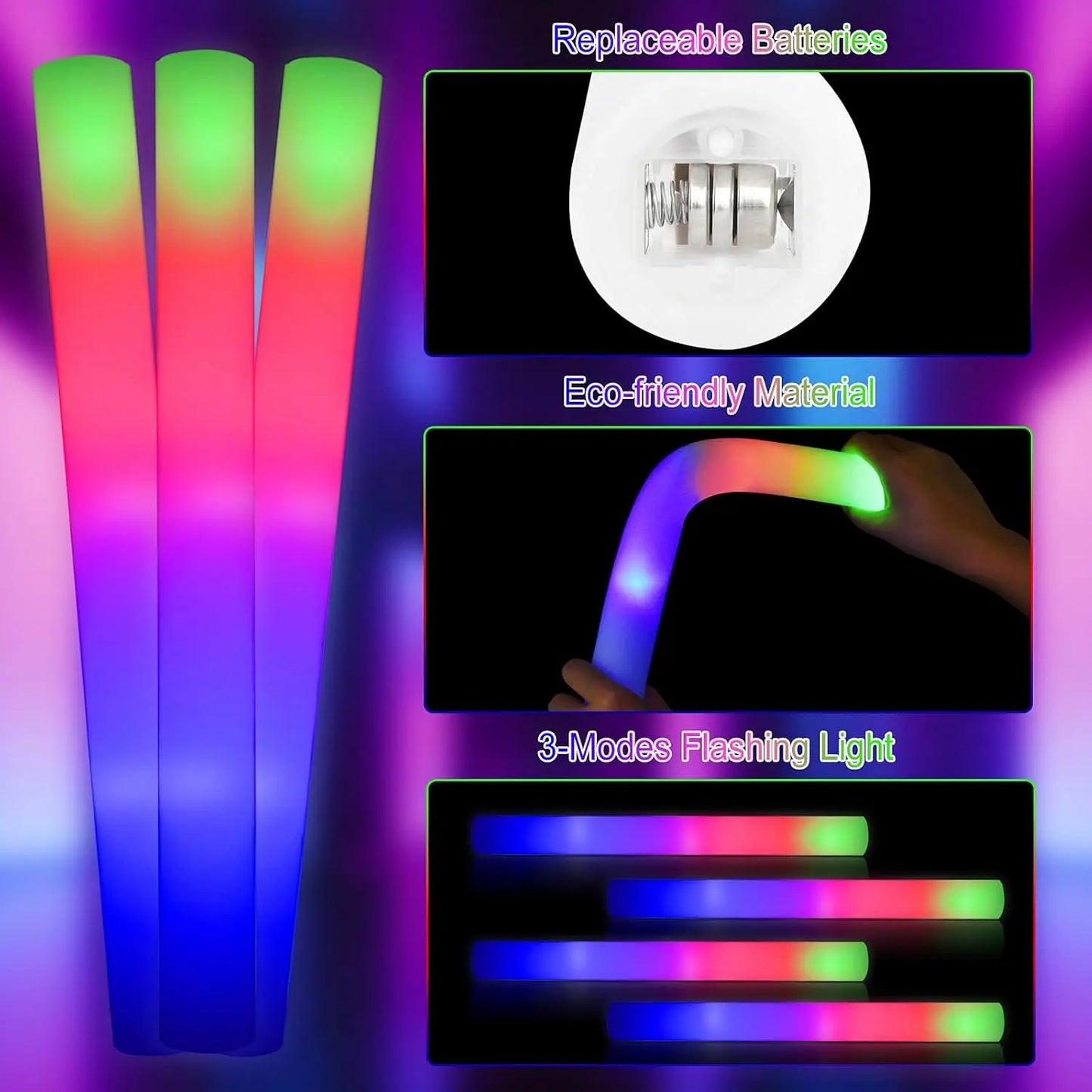 110pcs LED Foam Glow Sticks Glow Party Supply with 3 Modes Falshing Stick for Wedding for Birthday Concert Halloween Christmas