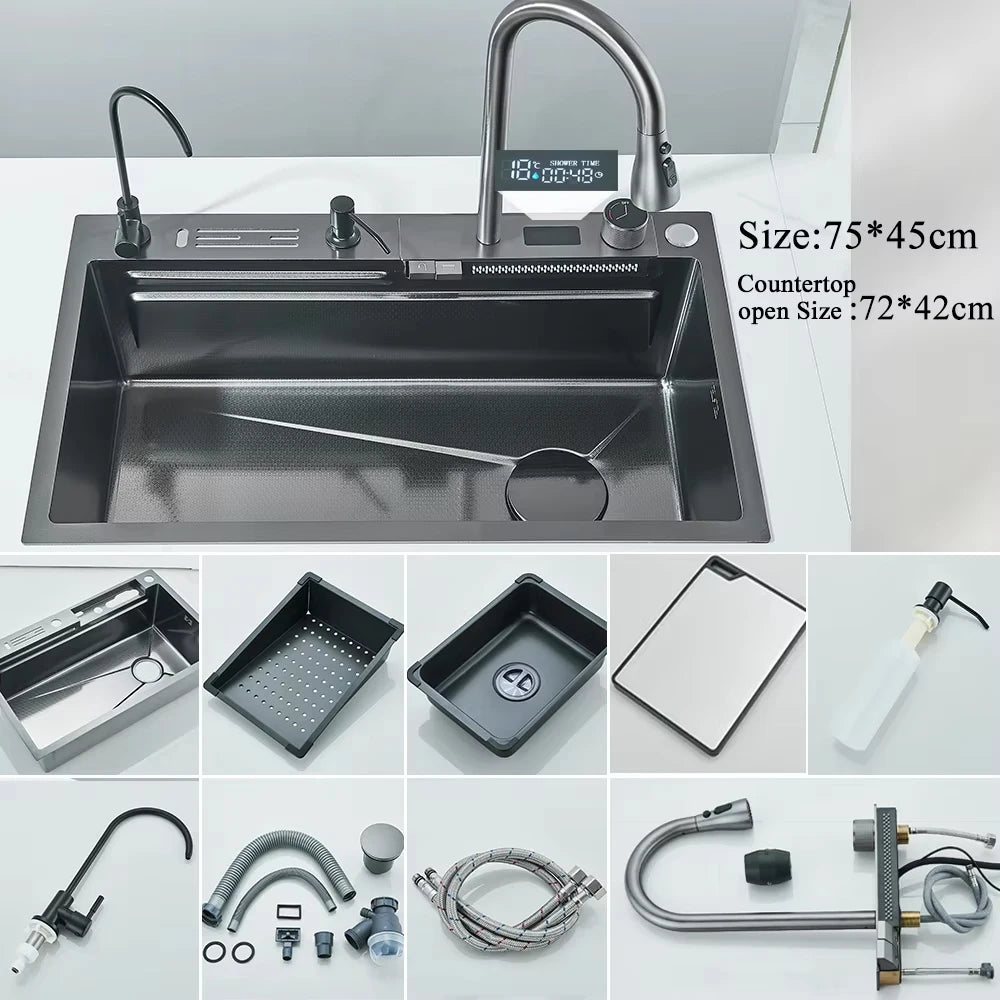 MYQualife 304 Stainless Steel Waterfall Kitchen Sink With Soap Dispenser
