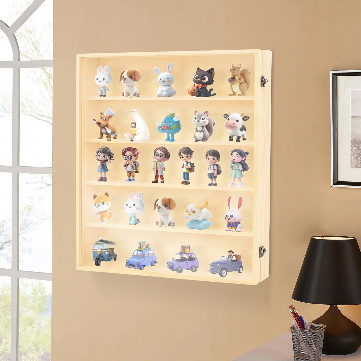 5-Tier Wall Mount Solid Wood Display Case, Composite Board Acrylic Dustproof Door Secure Latches 15-20Kg Load Bearing Burr-free Edge Anime Figurine Model Storage Cabinet