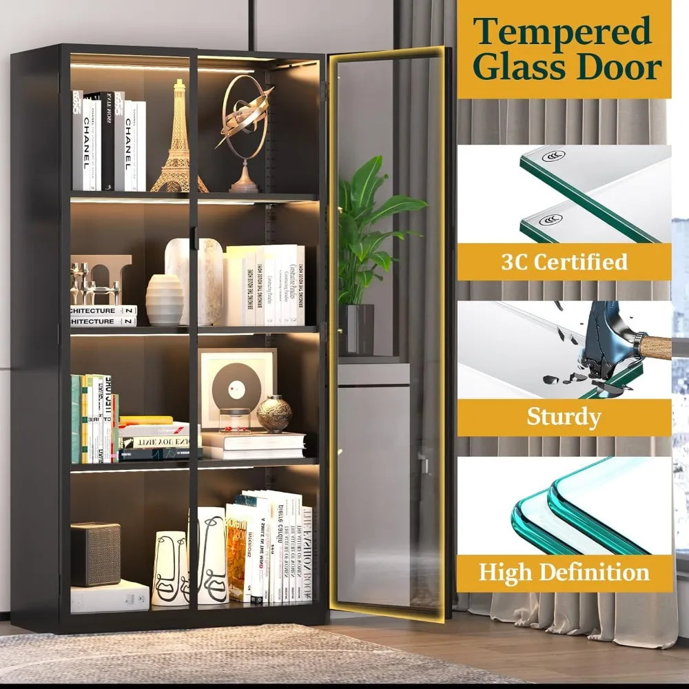 Display Cabinet with Glass Doors and LED Lights, Glass Display Case with 3 Adjustable Shelves,4 Tier of Storage Space Curio Cabi