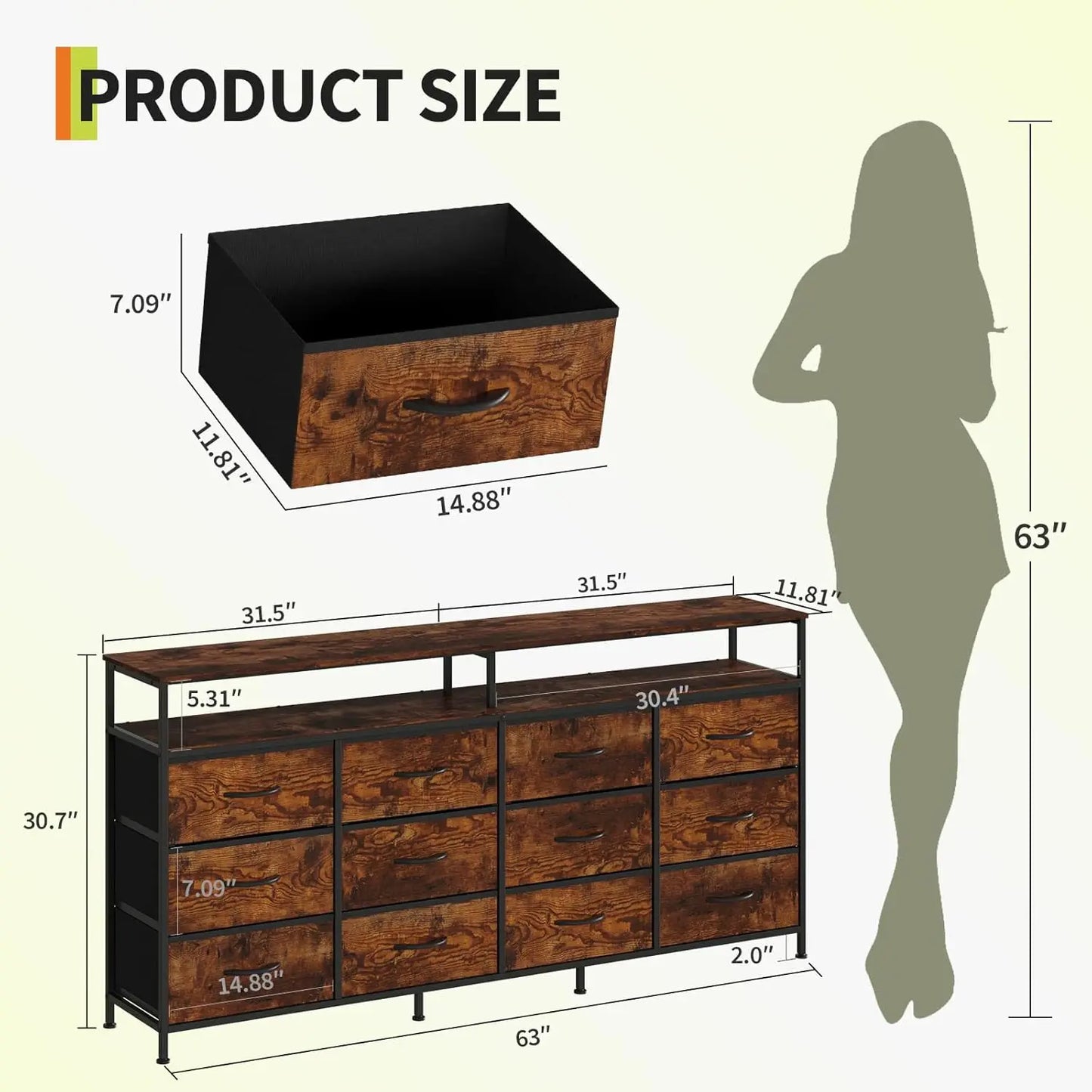 HiMISS 12 Drawer Dresser With Open Shelf Steel Frame
