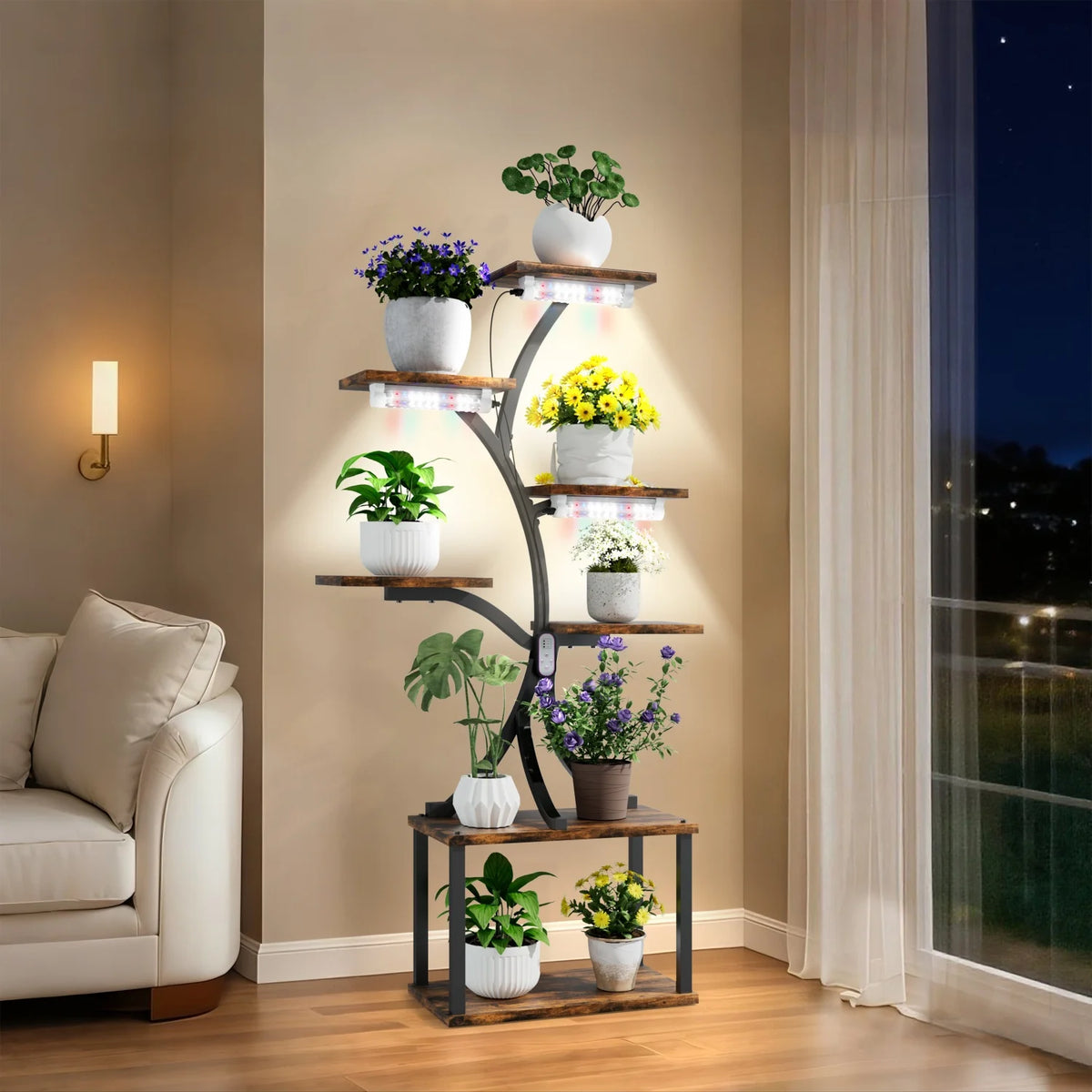 Tree Shaped Metal Plant Stand with Pot Display and Lights