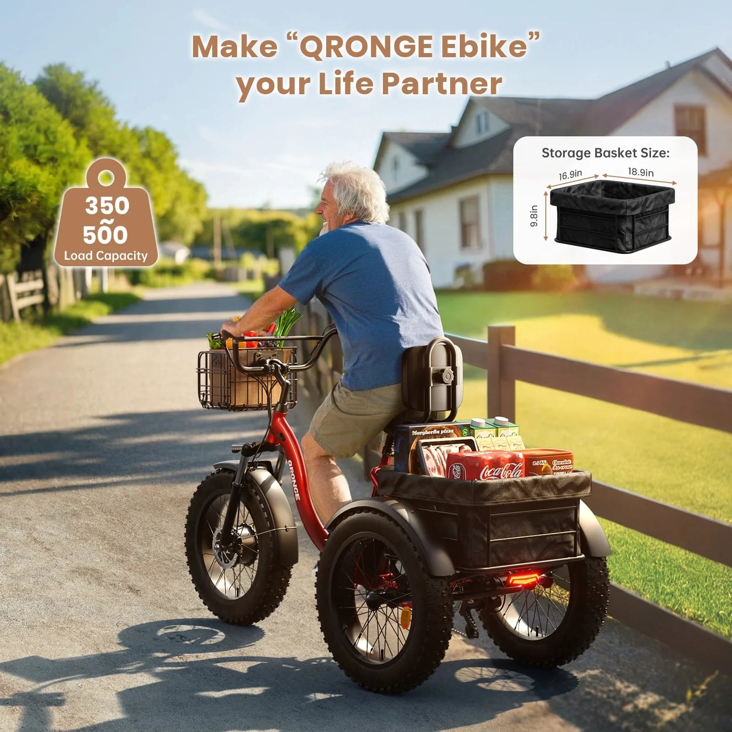 Qronge 960W Folding Electric Tricycle 36V 13.5Ah 50 Miles Range