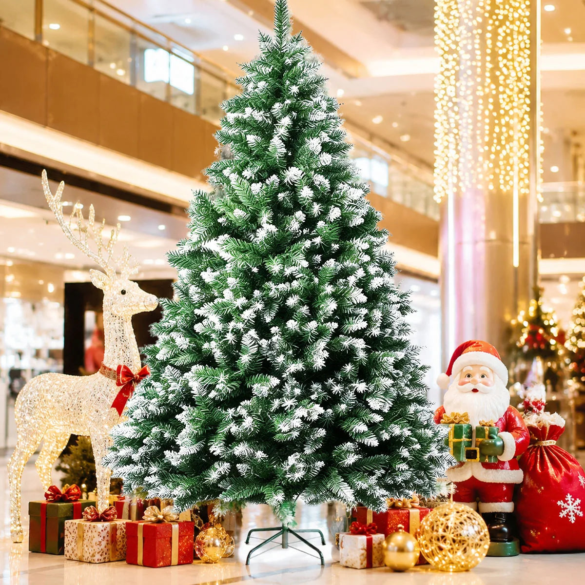 8FT Snow Flocked Artificial Christmas Tree, Unlit Frosted Pine Tree with Foldable Metal Base, PVC Fireproof Xmas Tree for Indoor Home Commercial Holiday Decoration